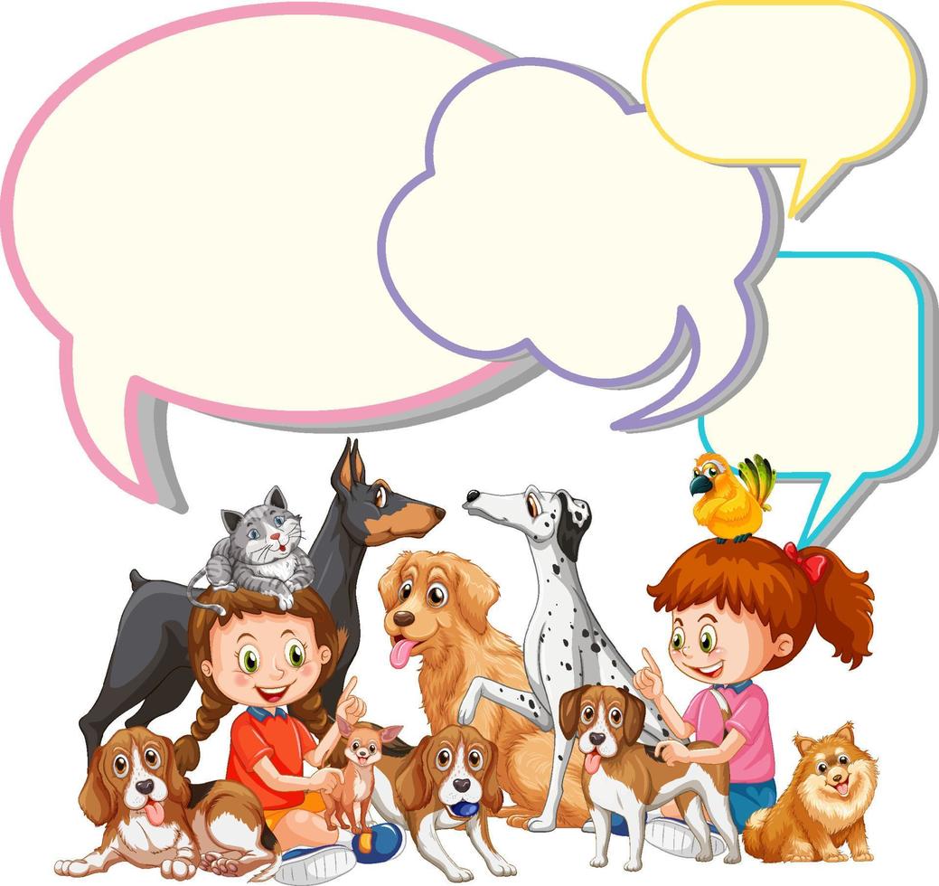 Speech bubble template with girls and pets vector