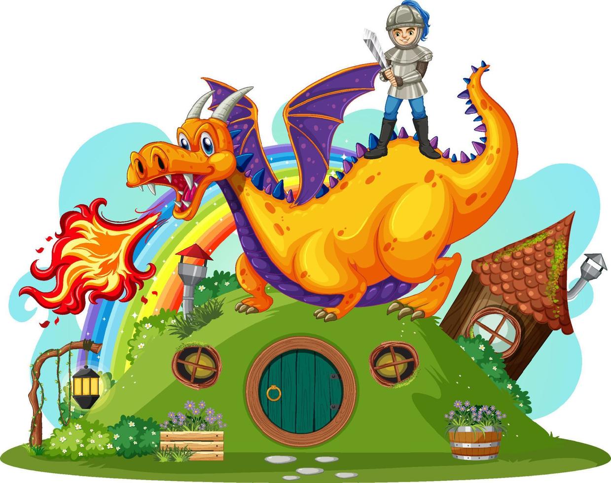 Knight at hobbit house on white background vector