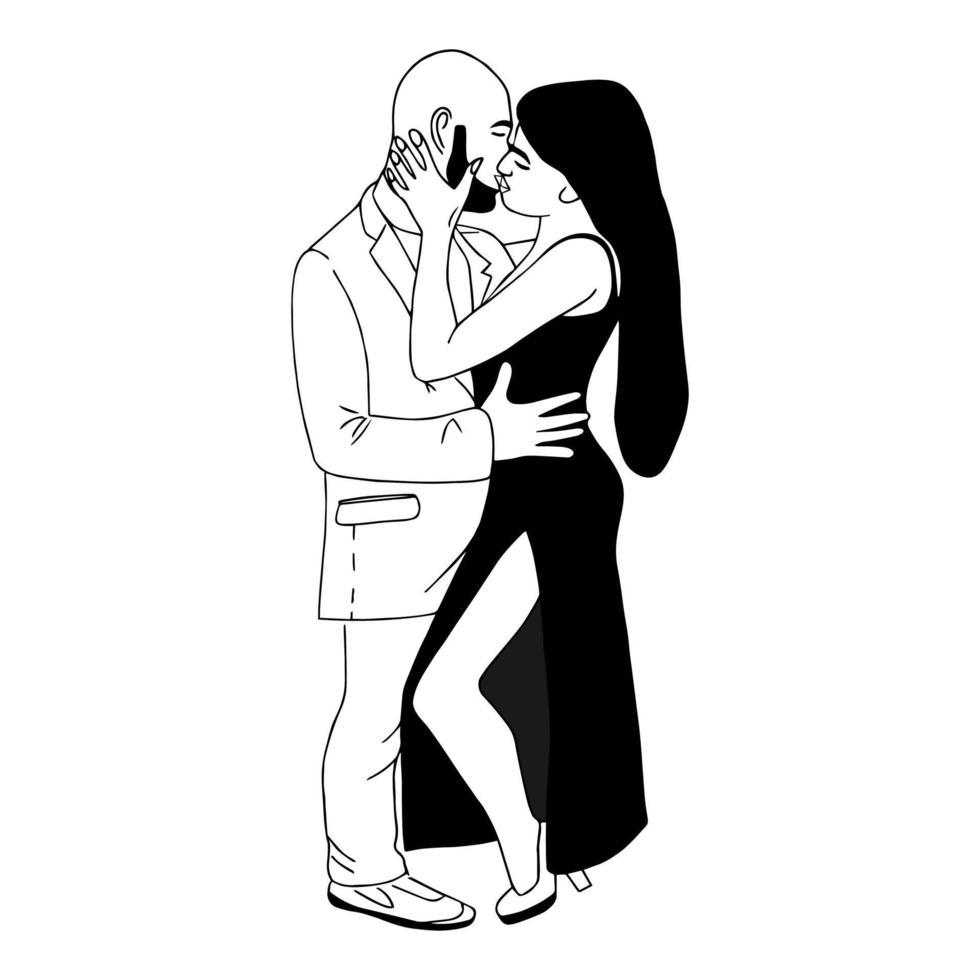 young couple in love, hugging standing up. Sexy girl in black dress, her husband holds her and kisses her. happy couple face to face. concept of love and happiness. Doodle style. He kisses her. vector