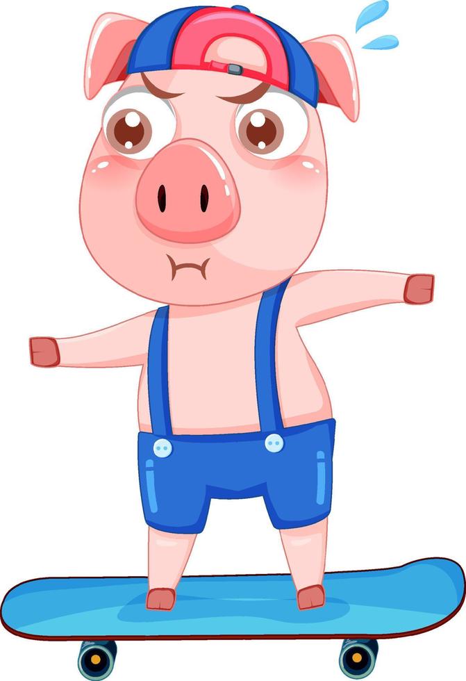 Cute pig cartoon character playing skateboard vector