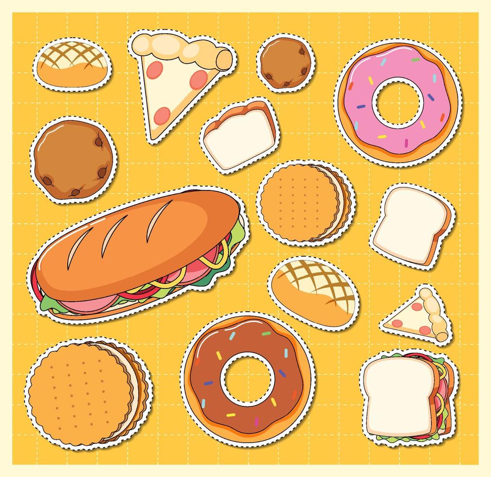 Mixed food cartoon sticker on grid background vector