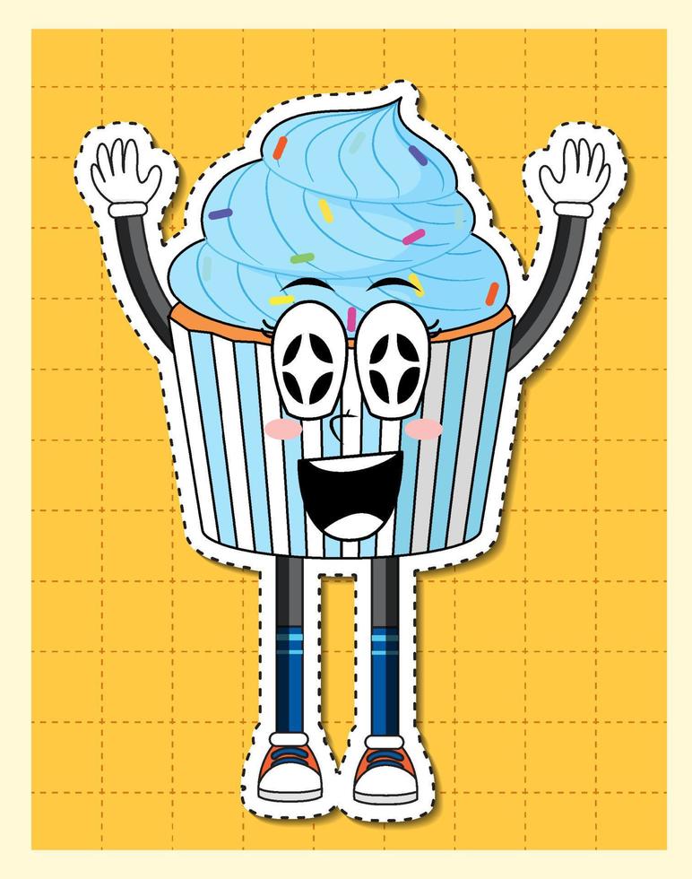 lindo personaje de dibujos animados de cupcake en el fondo de la cuadrícula vector