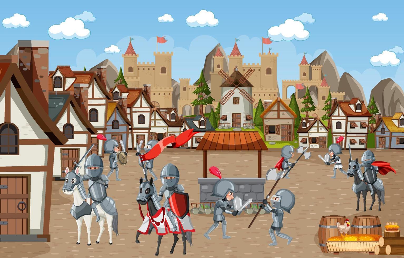 Medieval village scene castle background vector