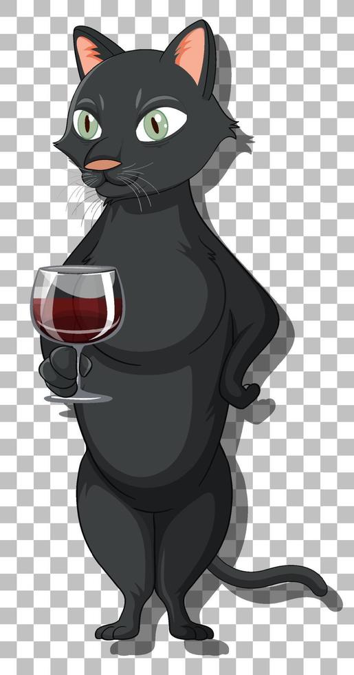 gato negro de pie con personaje de dibujos animados de copa de vino vector