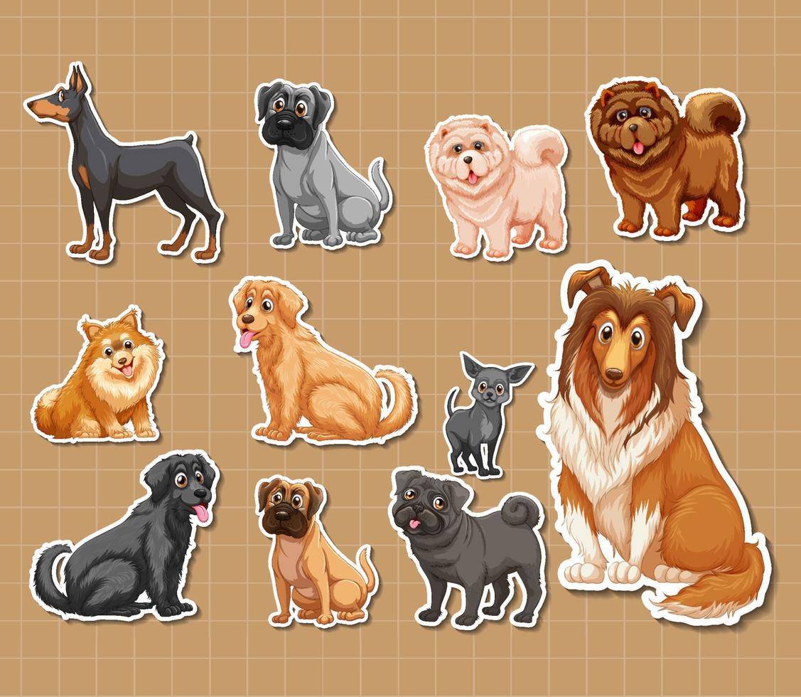 conjunto de pegatinas de dibujos animados de diferentes perros vector