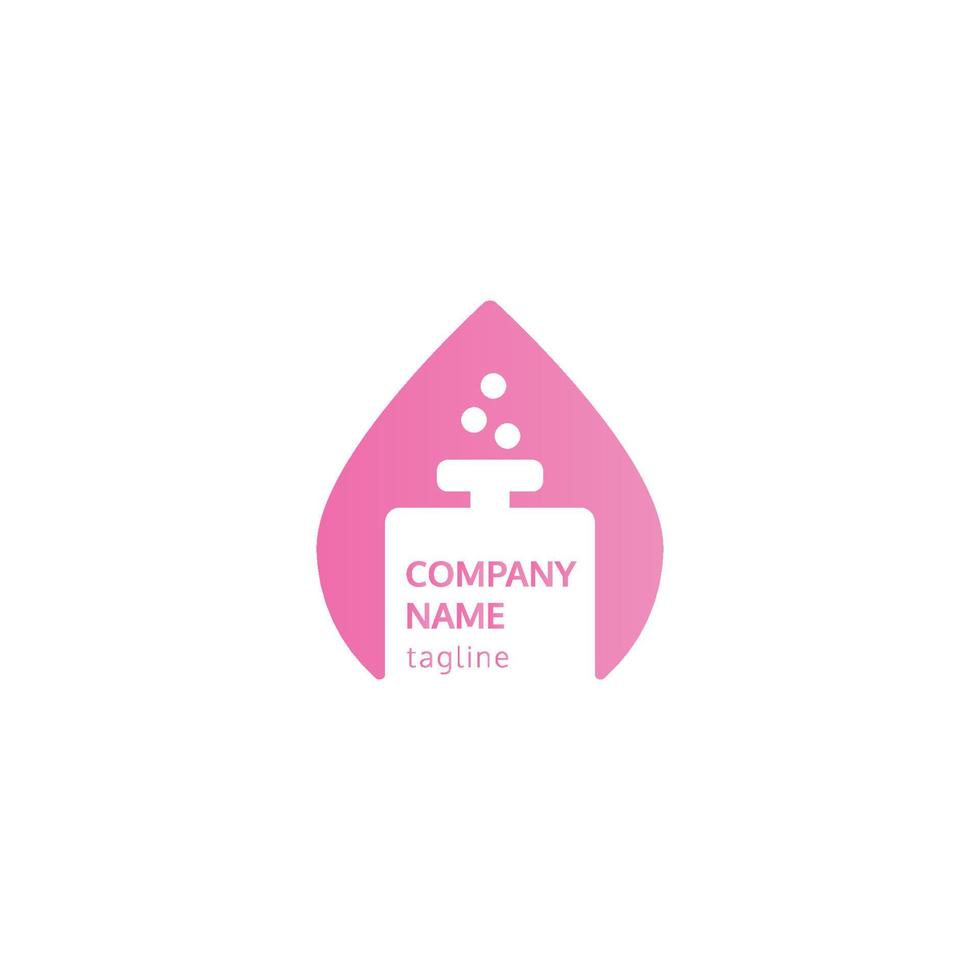 Feminine perfume logo, which is in the form of a water drop with a perfume bottle, with pink color, suitable for perfume company vector