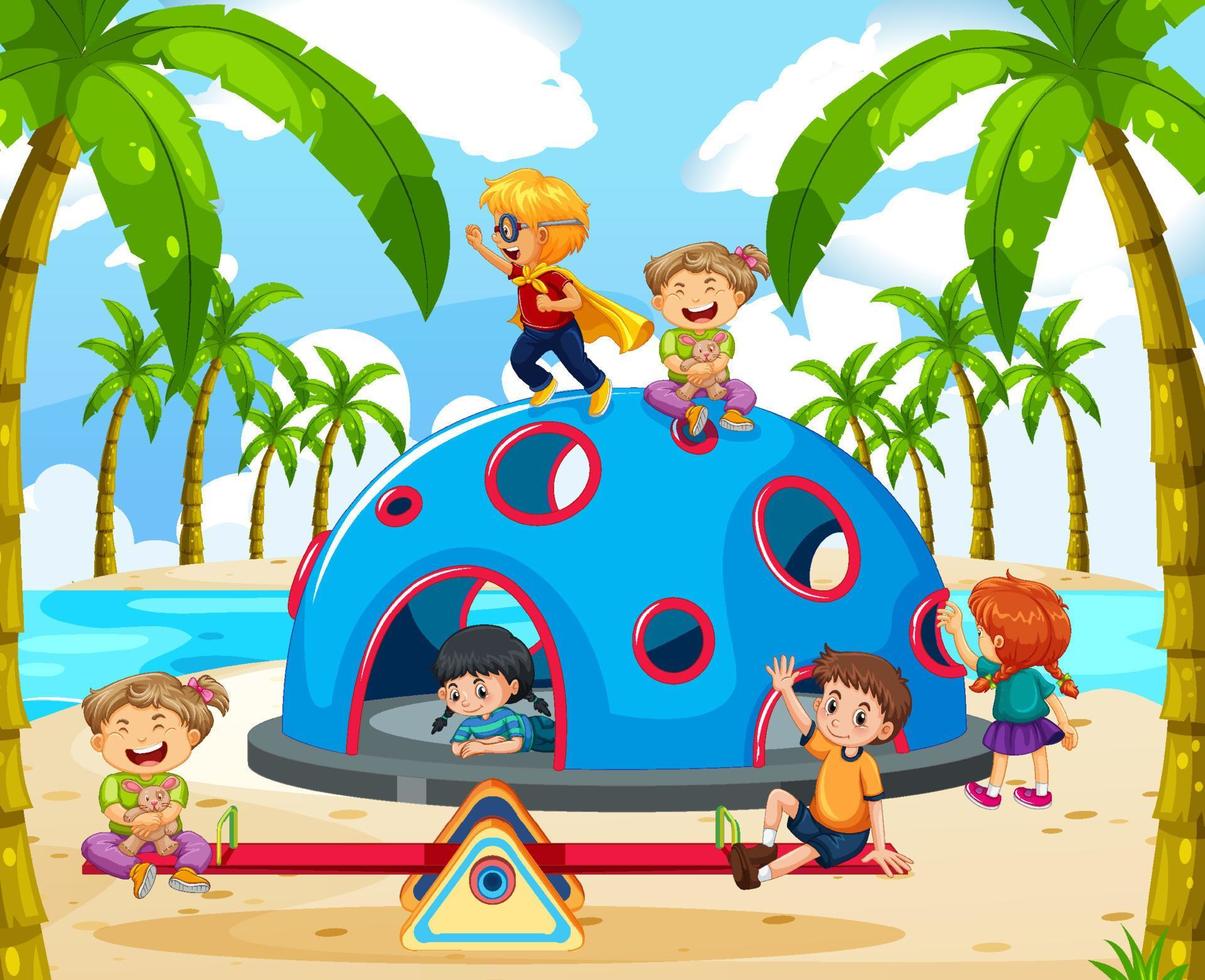 parque infantil en la playa con niños felices vector