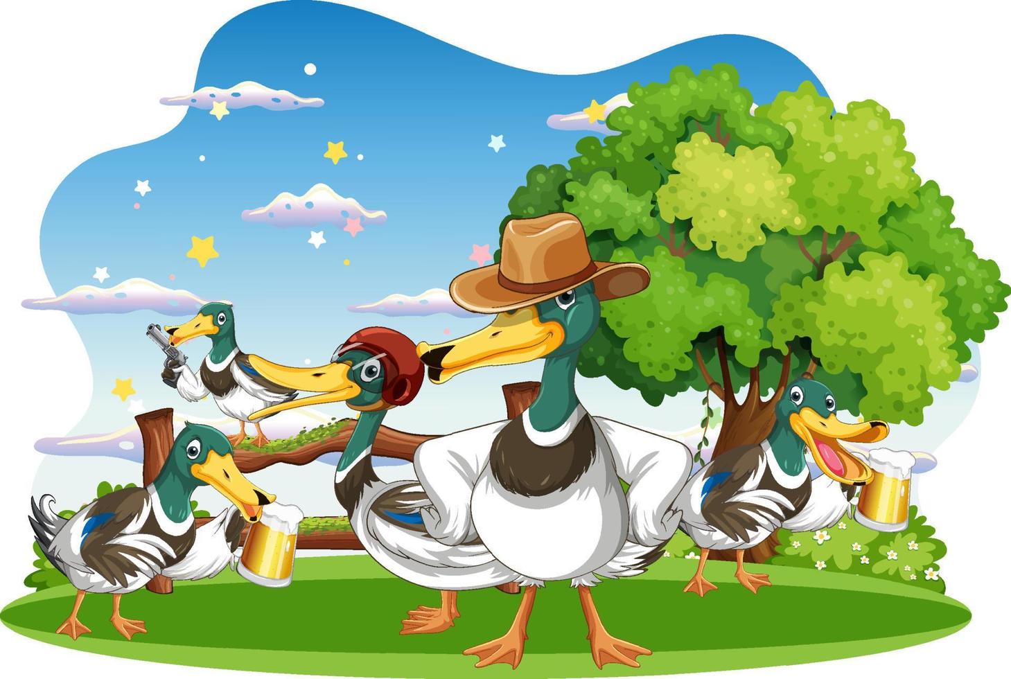 grupo de patos felices en la escena de la naturaleza vector