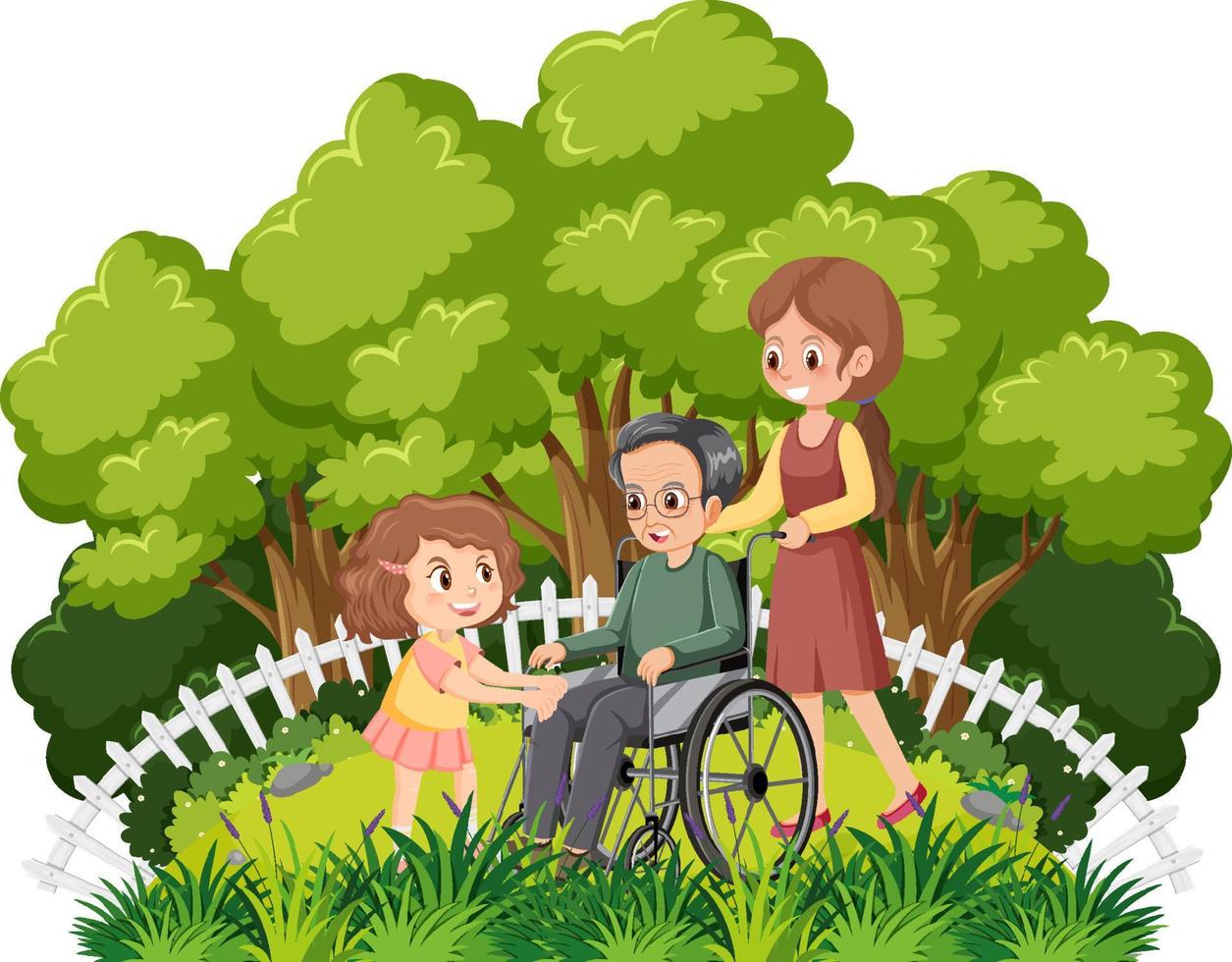 Old man in wheelchair with his daughters vector