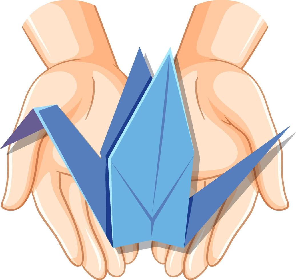 manos humanas sosteniendo icono de pájaro de origami aislado vector