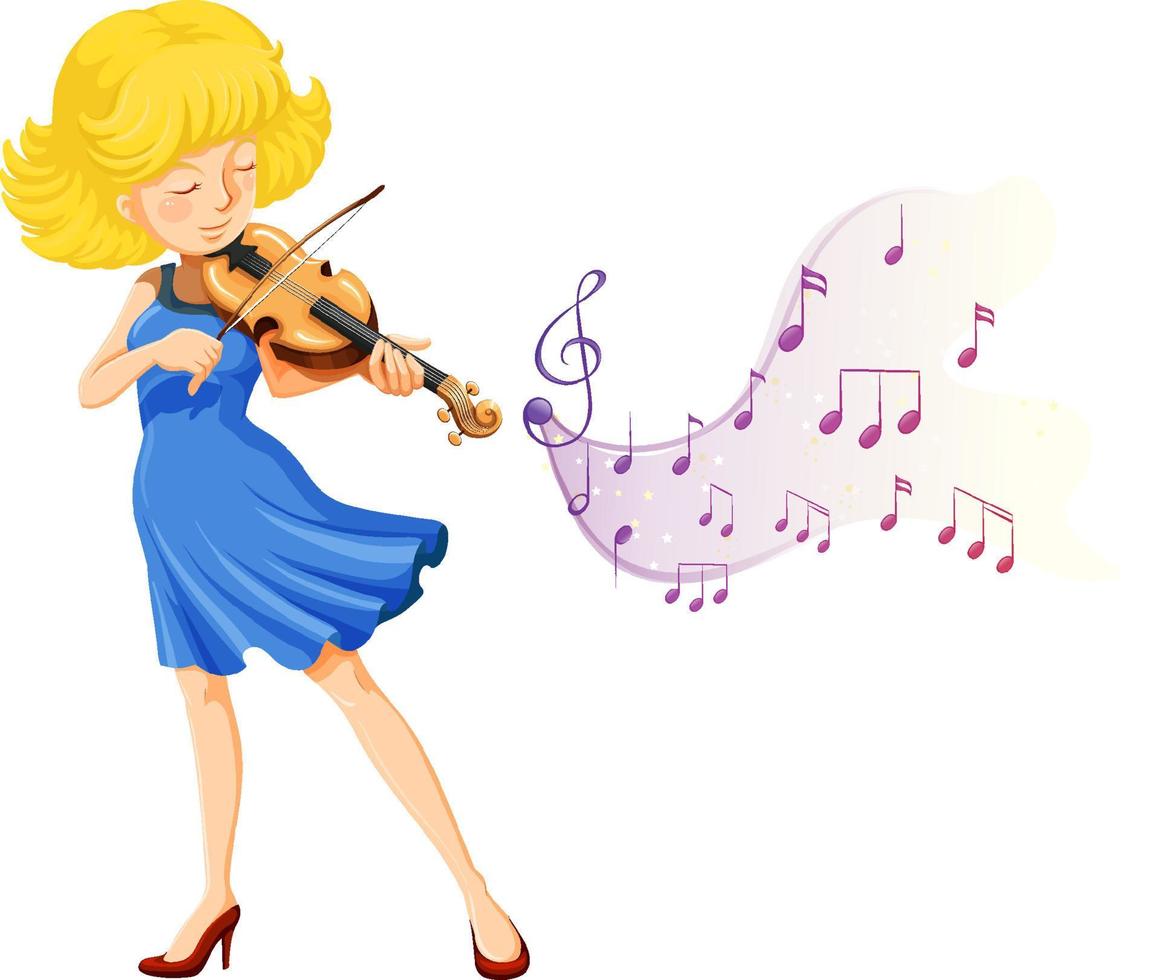 una mujer tocando el violín con símbolos de notas musicales vector