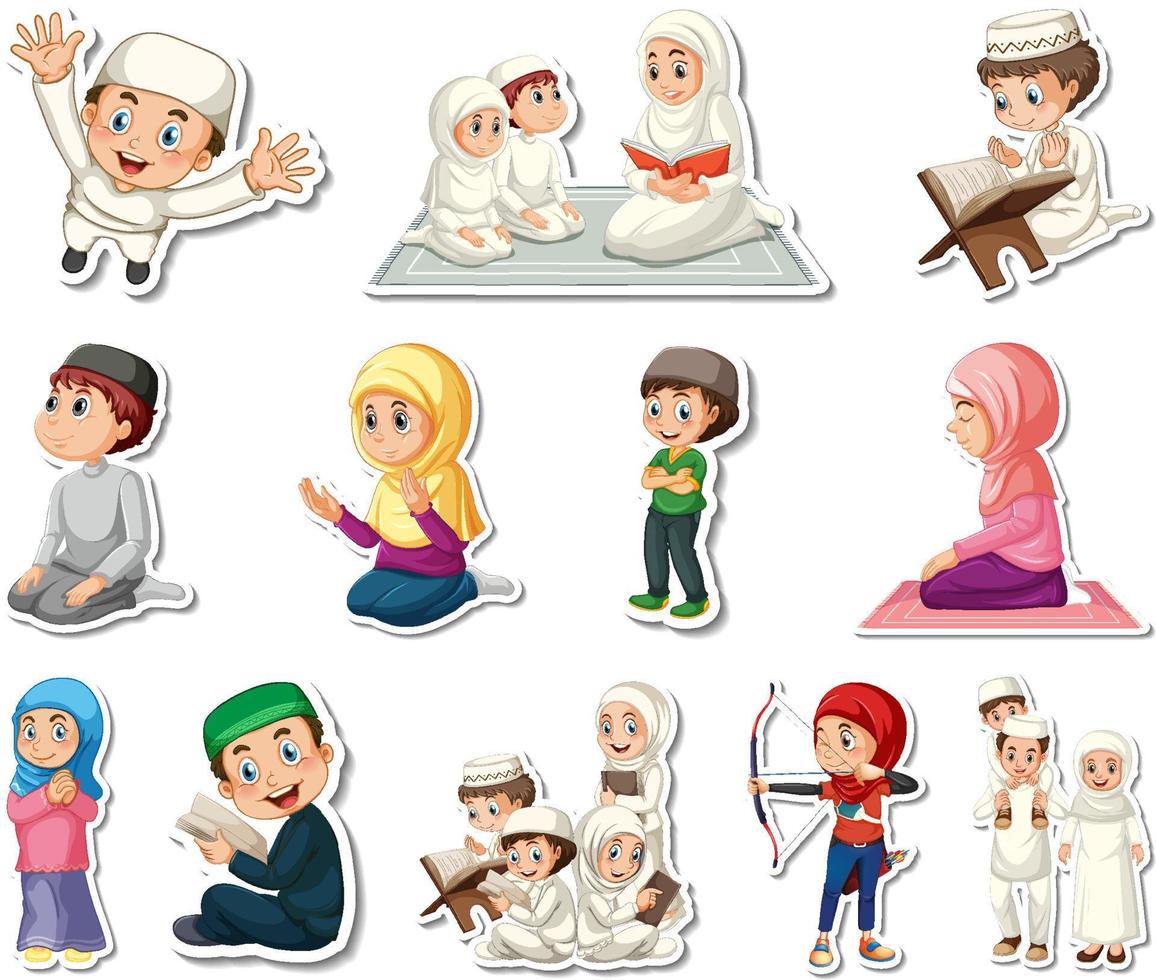 Sticker set of Islamic religious symbols and cartoon characters vector