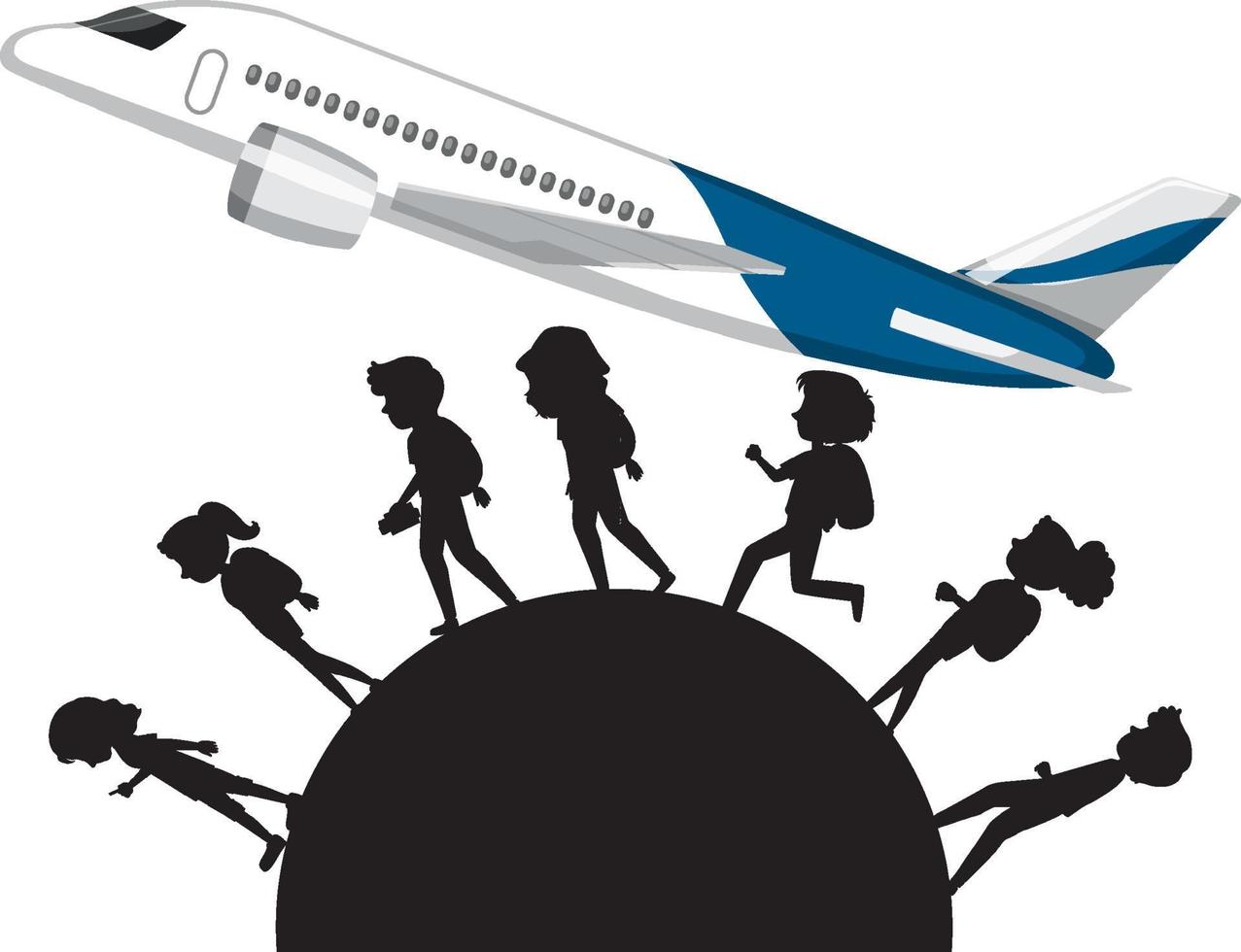 Silhouette tourist people with plane vector