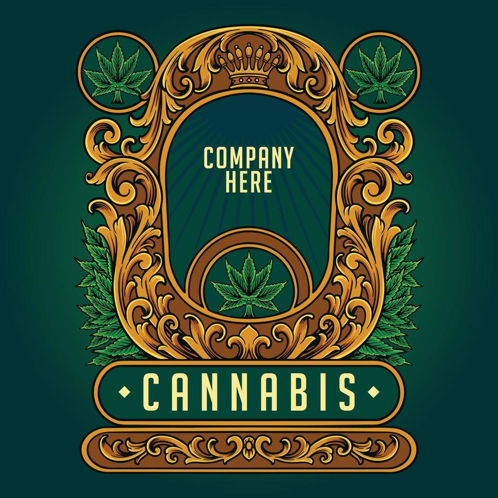 elegante insignia de corona de cannabis vintage con ilustraciones ornamentadas florecientes vector