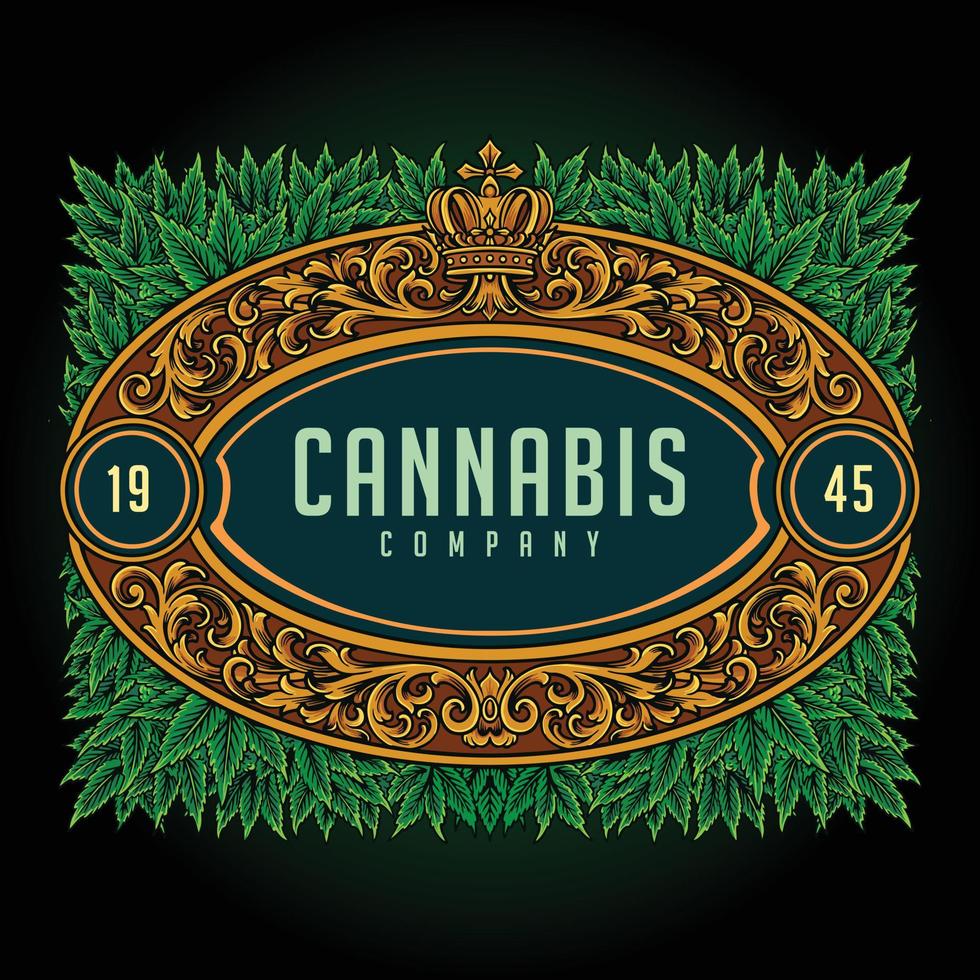 Antique elegant cannabis crown frame Vector illustrations for your work Logo, mascot merchandise t-shirt, stickers and Label designs, poster, greeting cards advertising business company or brands.