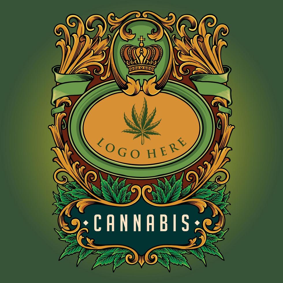 Luxury classic cannabis crown badge with flourish ornate illustrations vector