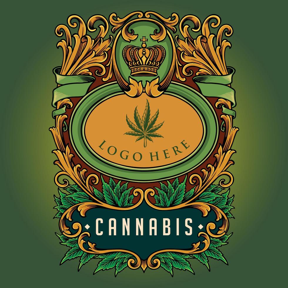 insignia de corona de cannabis clásica de lujo con ilustraciones ornamentadas florecientes vector