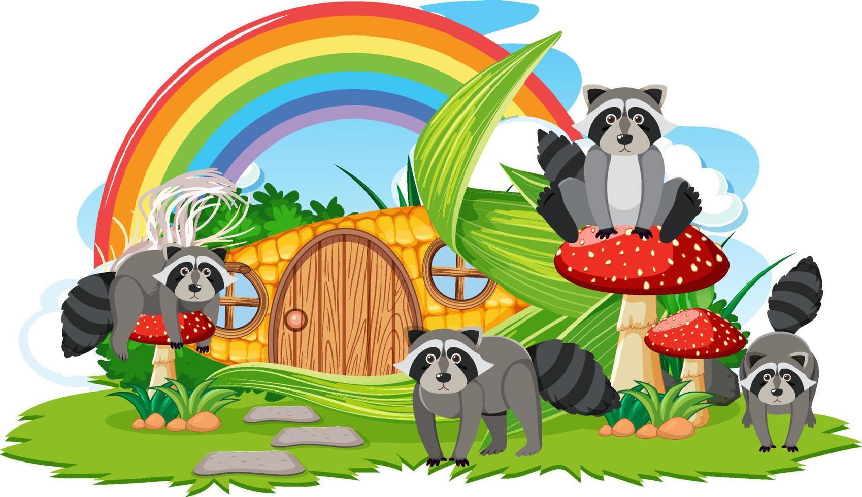 Raccoon group with corn house vector