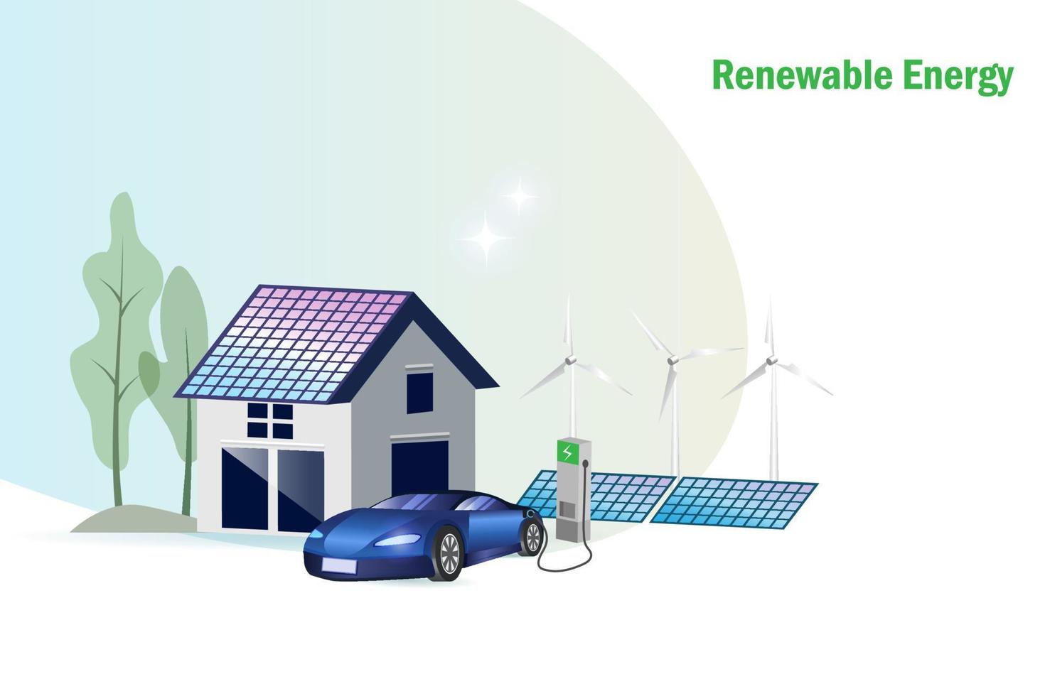 Green alternative renewable energy with solar panel, wind turbine and EV car to reduce carbon emissions and sustainable positive environment. vector