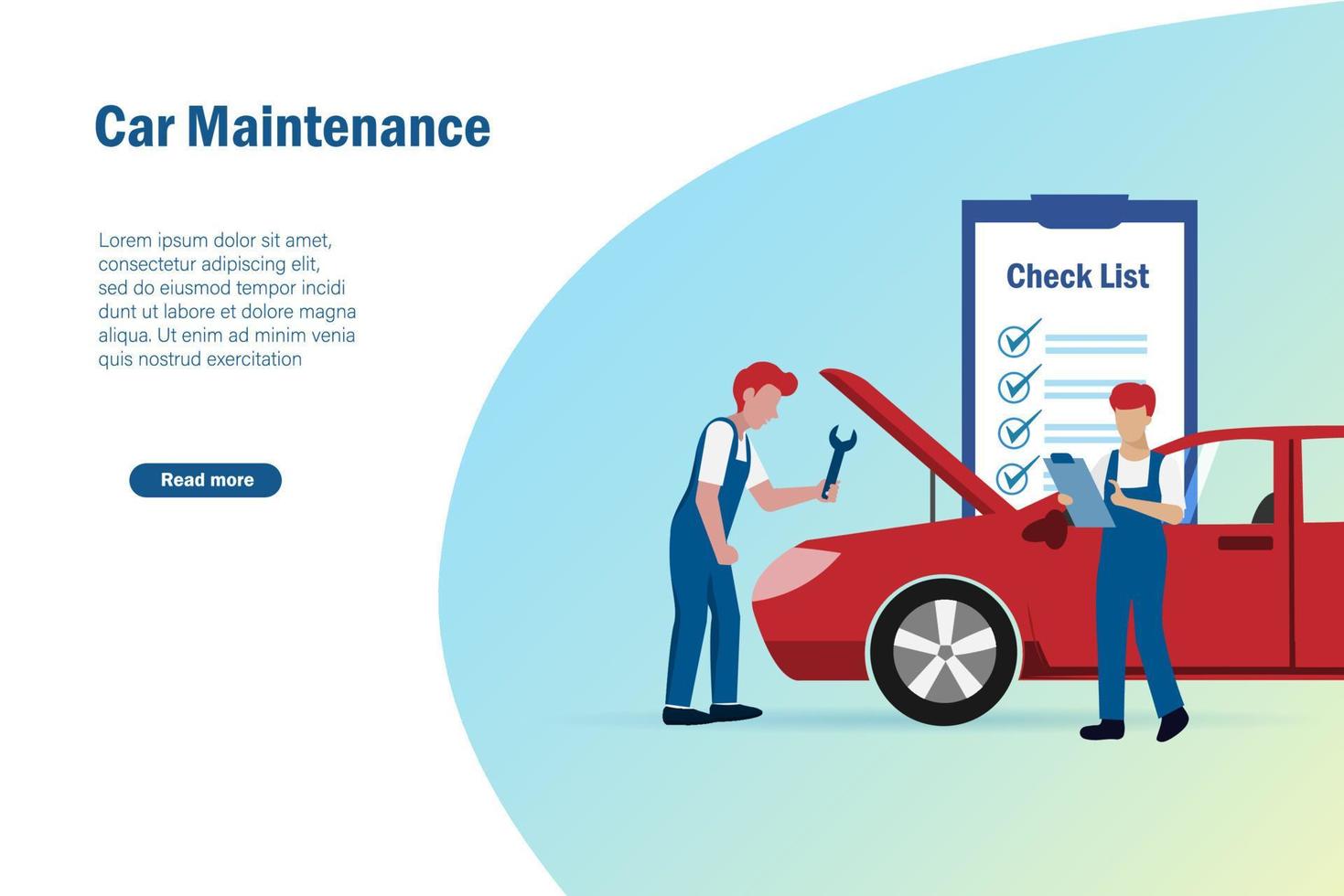 concepto de servicio de mantenimiento y reparación de automóviles. mecánico arreglando y reparando autos con listas de verificación. vector