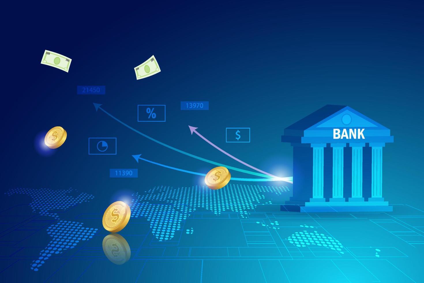 Digital finance and banking investment service in futuristic background. Bank building with online growth graph investment, secure money and financial innovation technology. vector