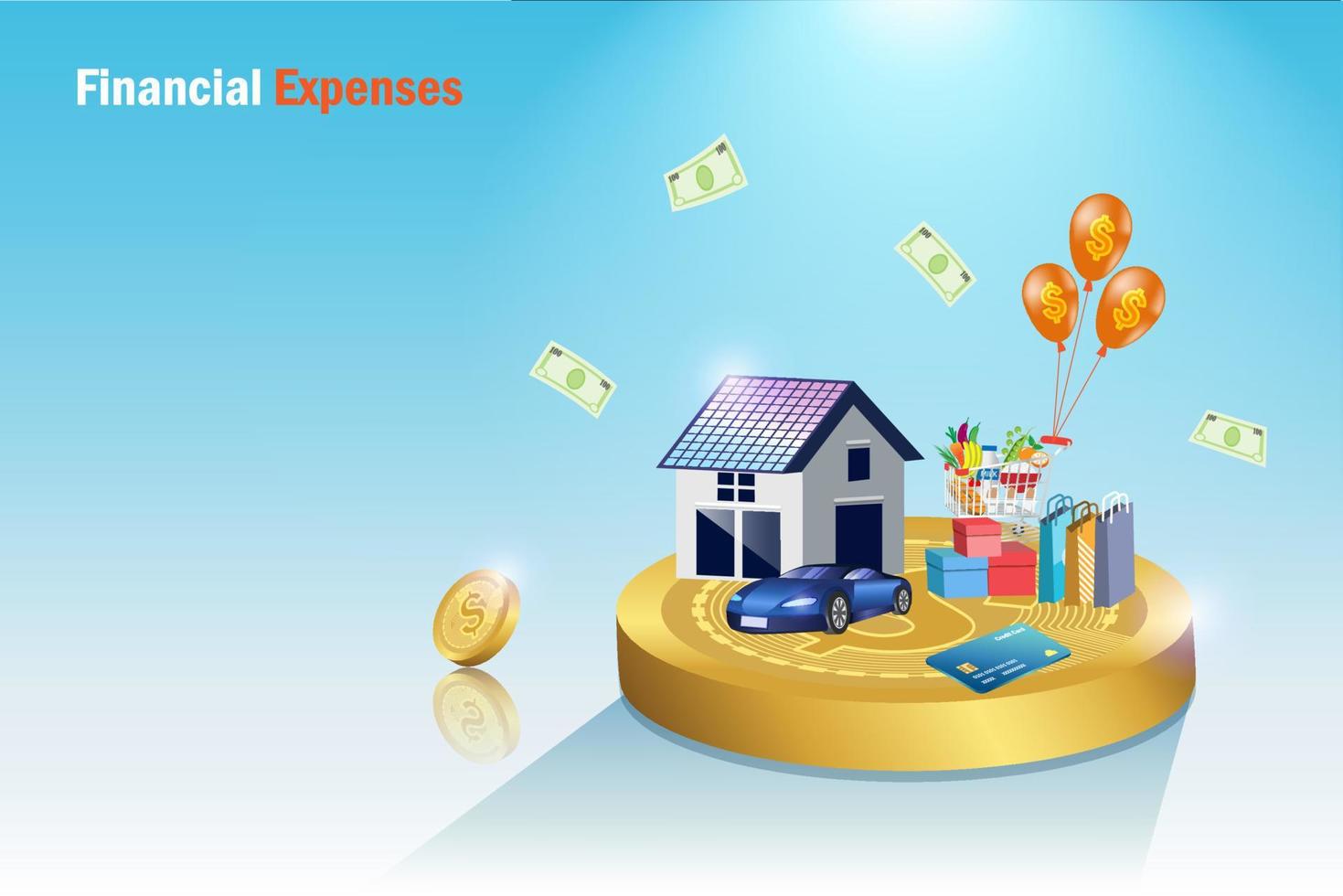 Financial expenses cost of living bills on money for home, car, shopping and credit card. Money management with fixed income on high cost of living, bill expense payment, debt stress. vector