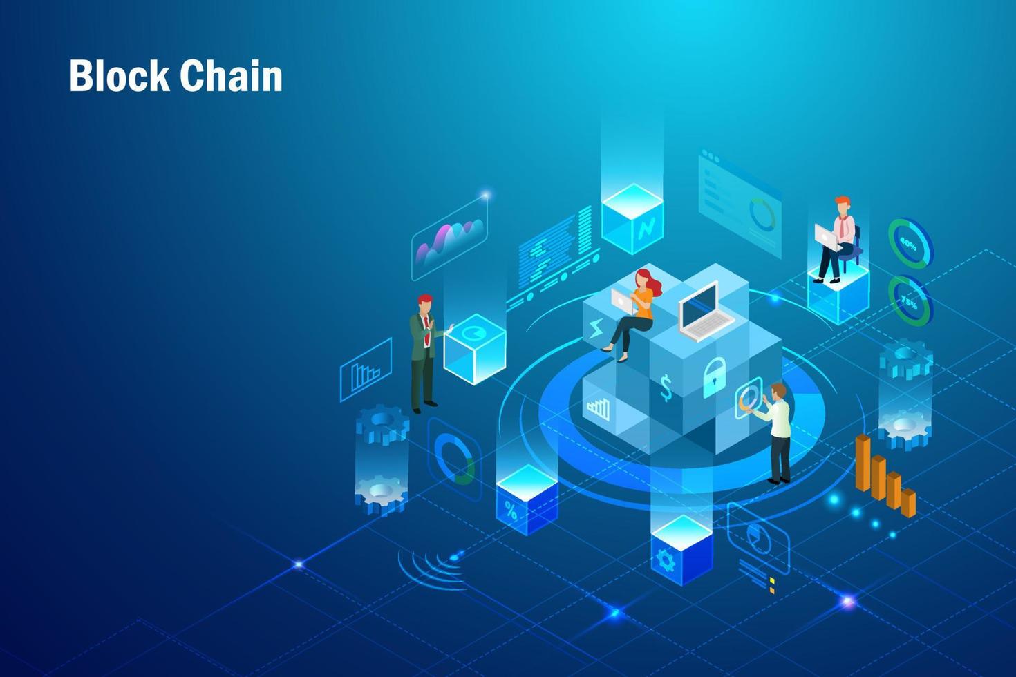 Block chain technology in workplace network connecting digital cube to big data visualization, online transaction security link, global business in futuristic background. vector