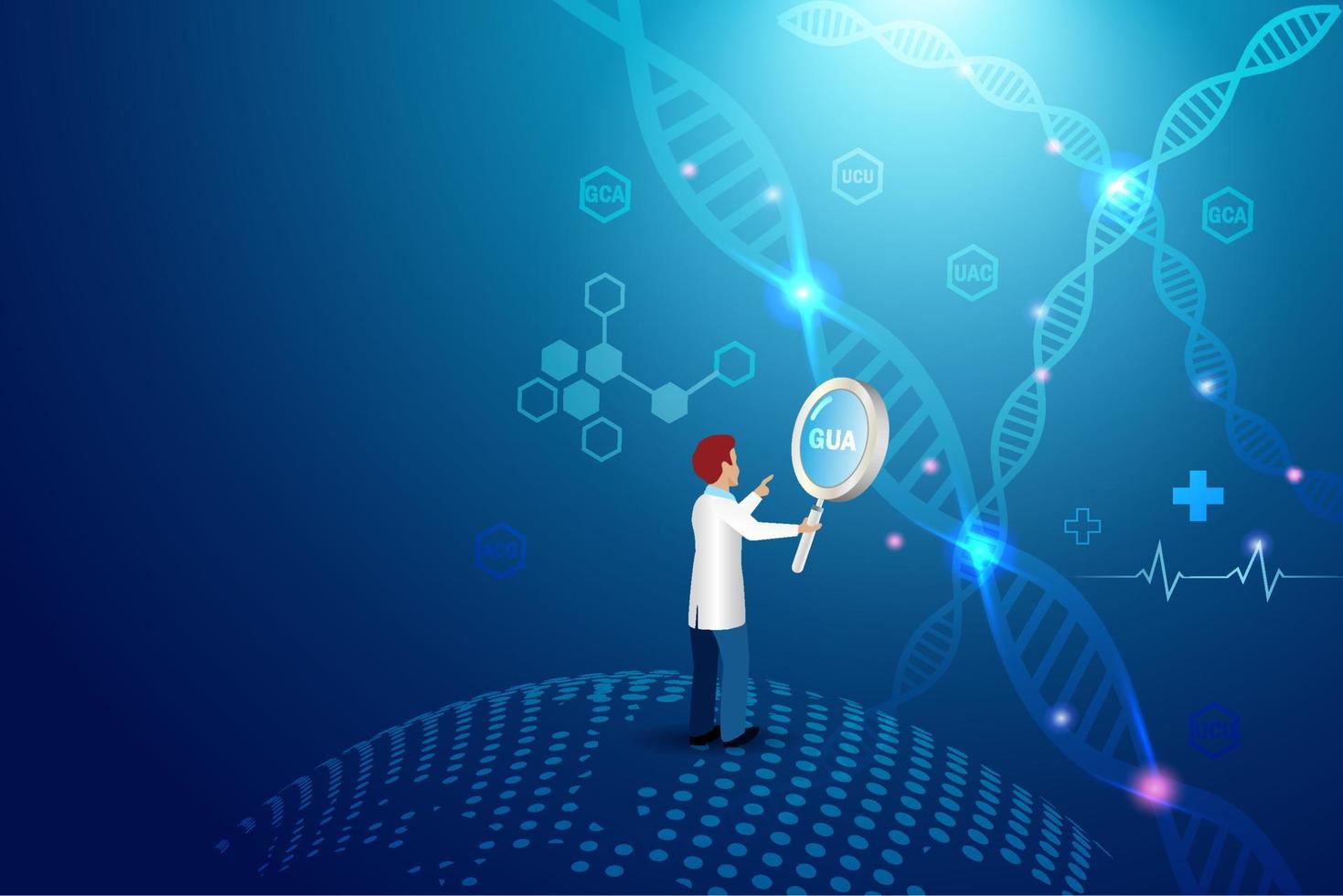 Scientist doctor hold magnifying glass analyzing DNA generic testing. Laboratory research, medical innovation technology. vector