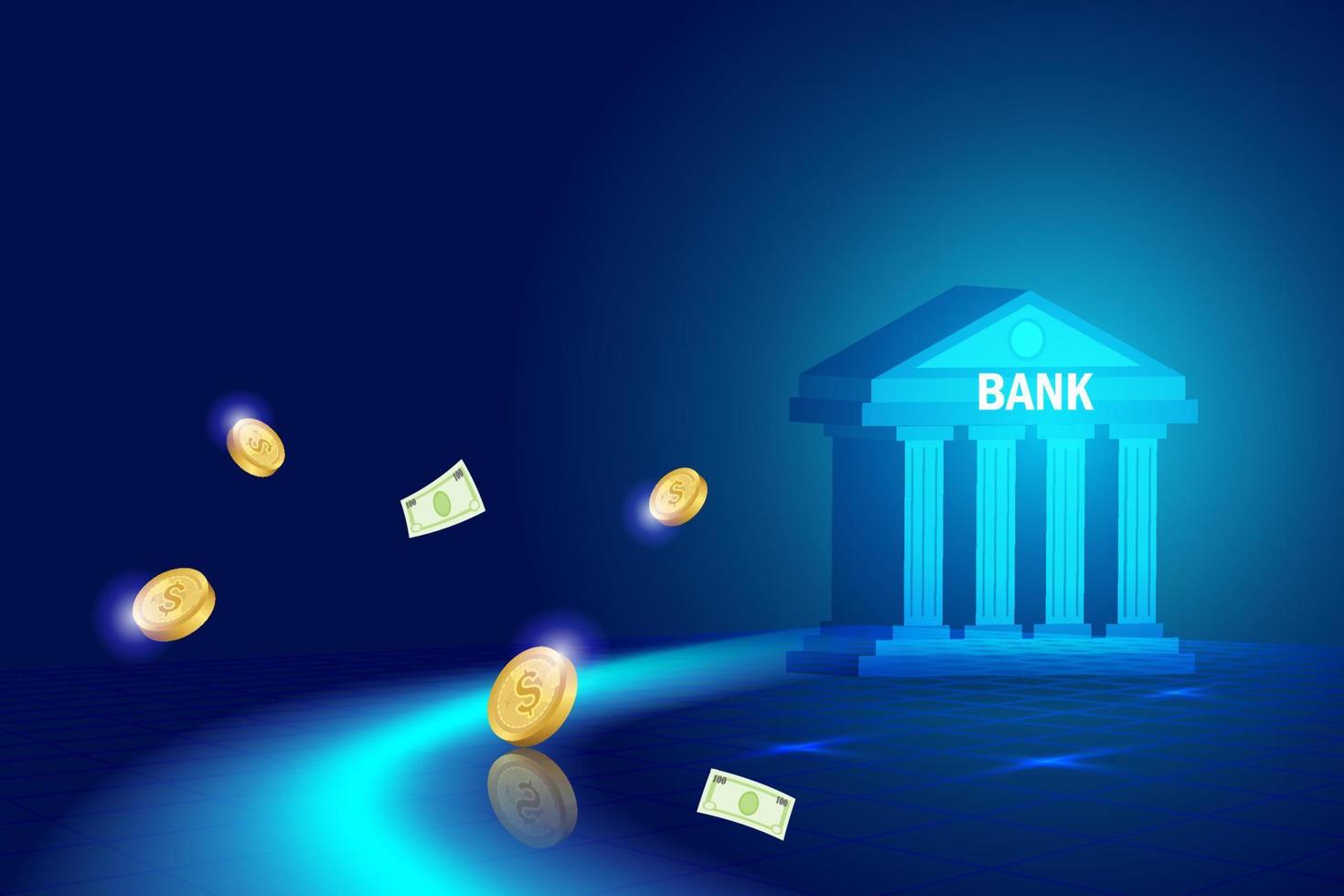 finanzas digitales y servicios bancarios en un contexto futurista. edificio bancario con transacciones de pago en línea, dinero seguro y tecnología de innovación financiera. vector