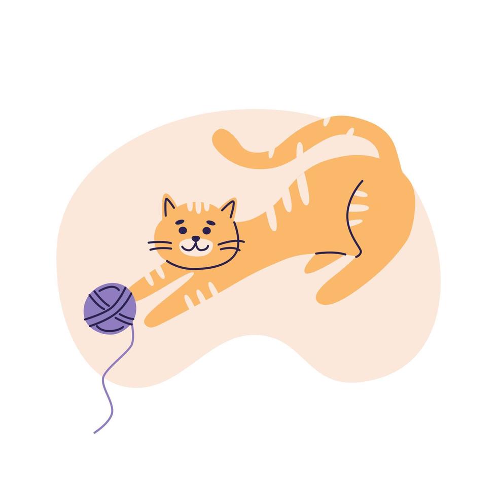 Red cat play with a ball of yarn. Flat vector illustration in trendy colors, isolated on a white background.