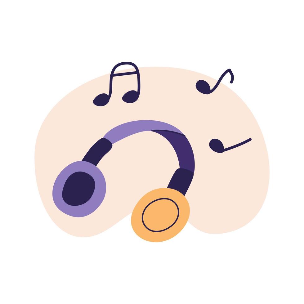 Modern headphones with musical notes. Accessory for audio listening and games. Flat vector ilustration, isolated on a white background.