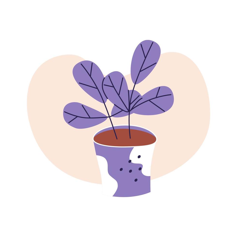 flores y plantas caseras en una elegante maceta de cerámica violeta. ilustración de vector plano en colores de moda, aislado sobre fondo blanco.