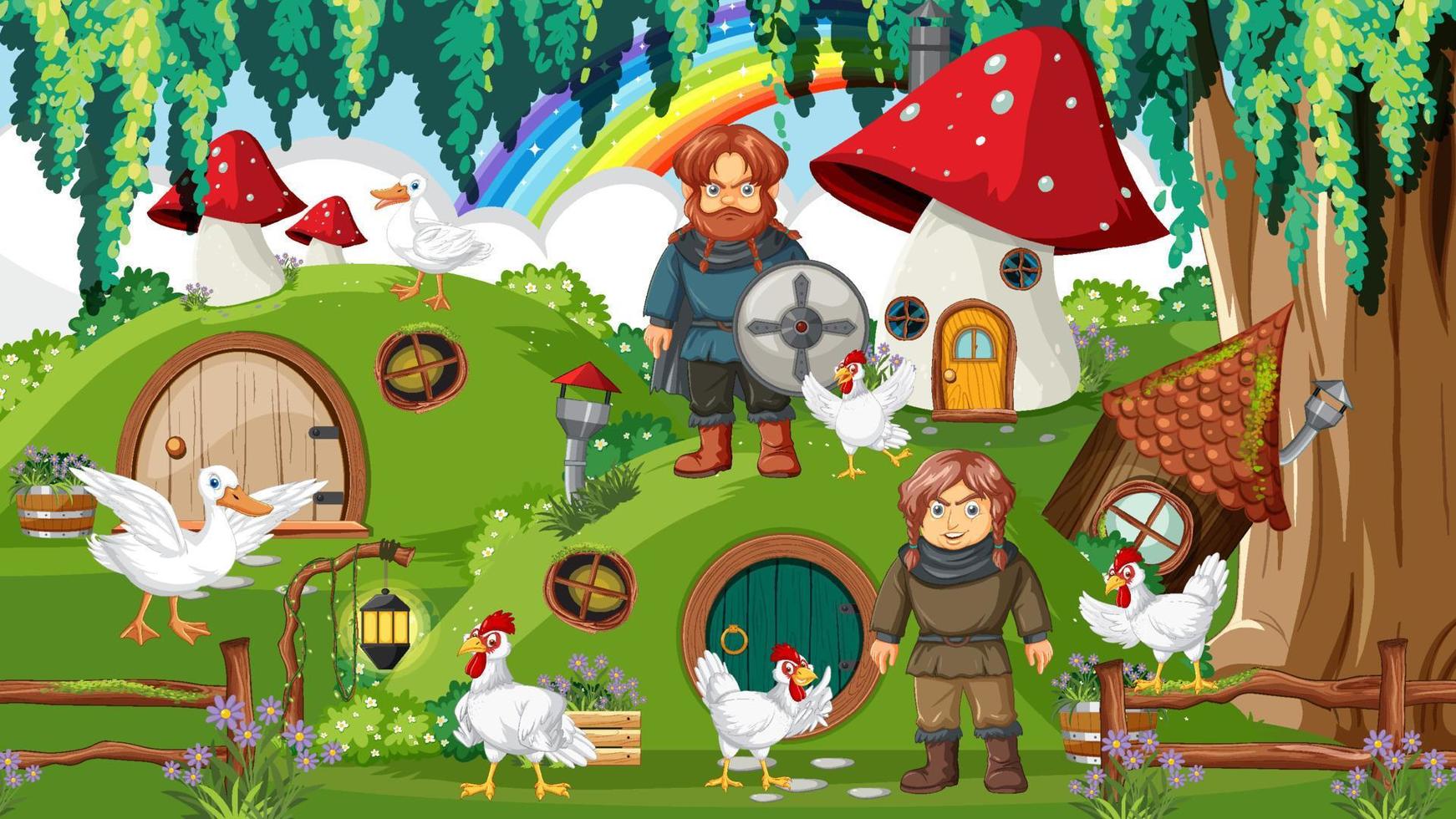 casa hobbit con animales de granja vector