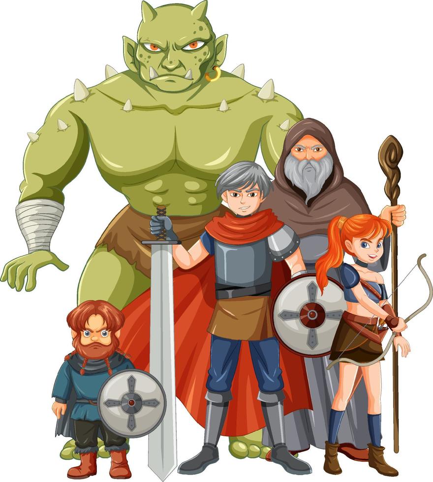 Group of medieval cartoon characters on white background vector