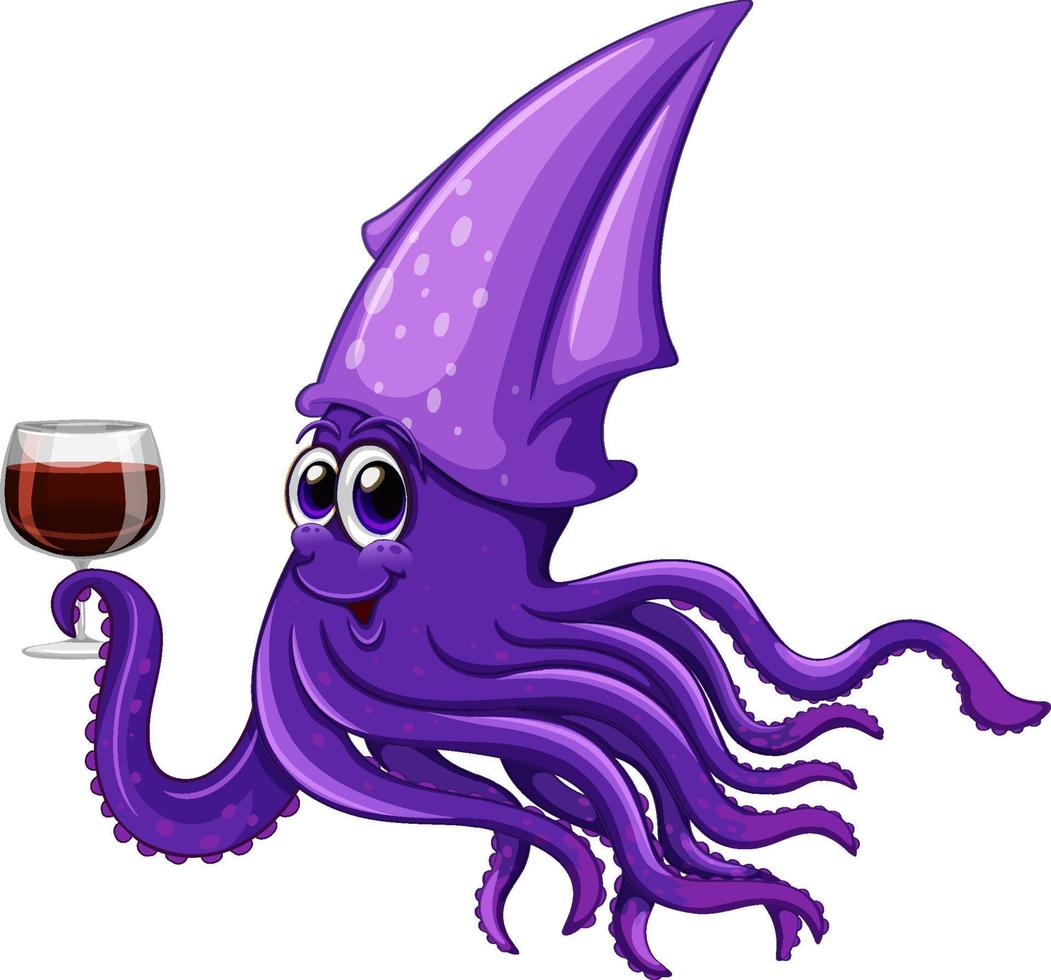 Purple squid drinking wine cartoon character vector