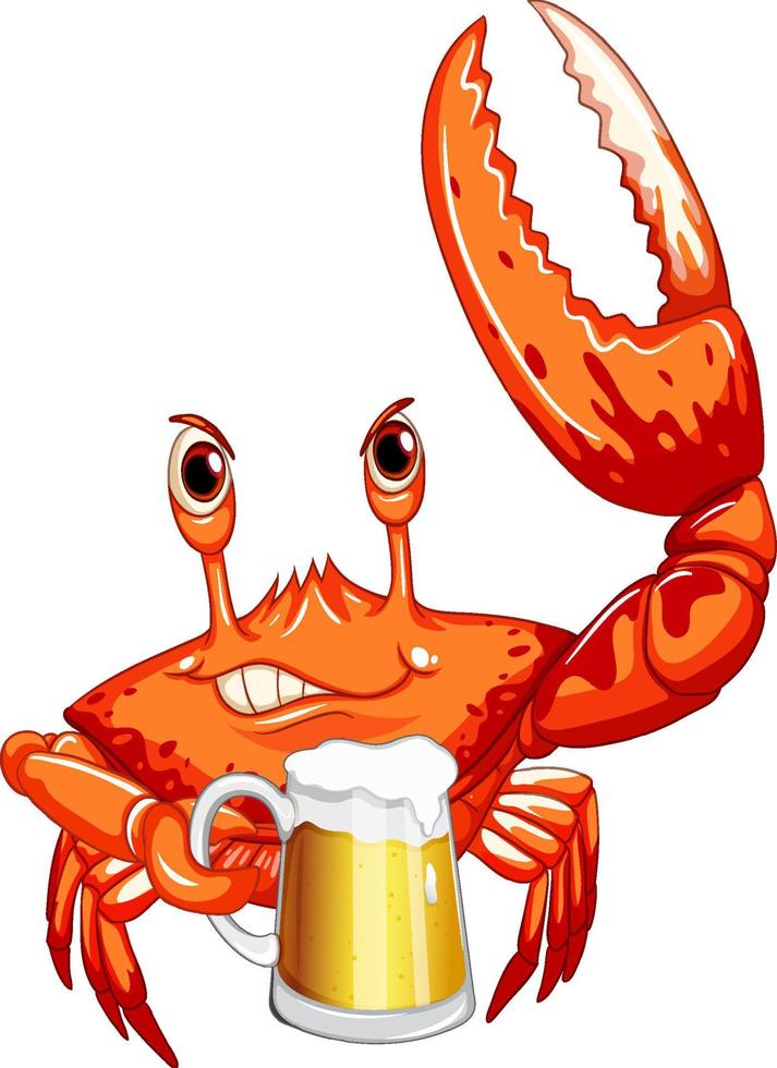 Cute crab cartoon character drinking beer vector