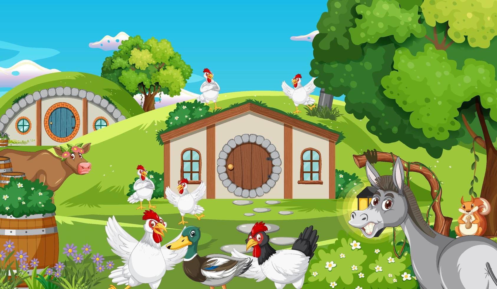 Fantasy cartoon scene with farm animals vector