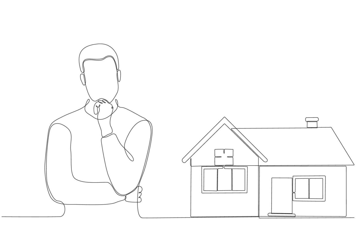 continuous line of men thinking about buying a house vector illustration