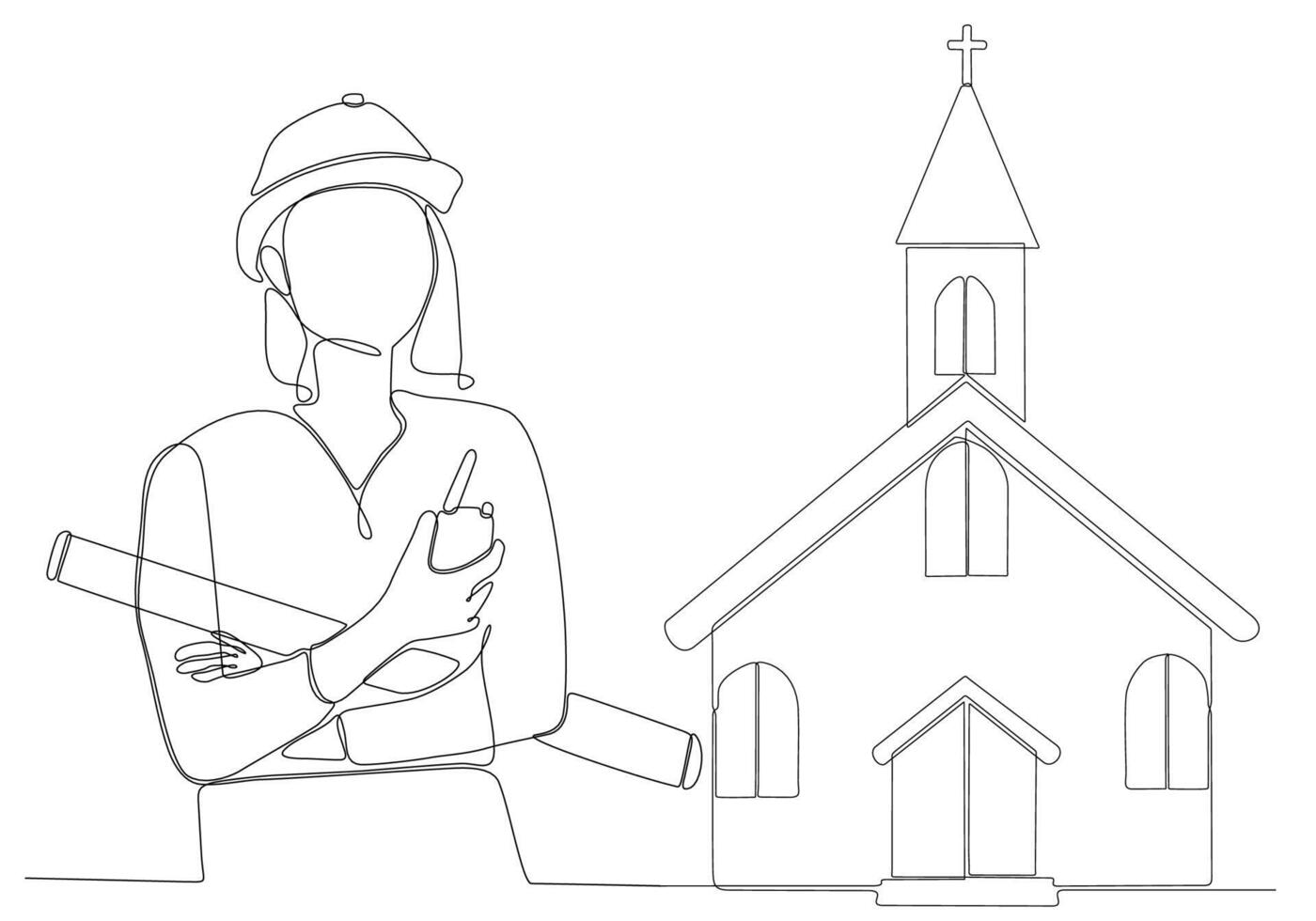 continuous line female architect building church vector illustration