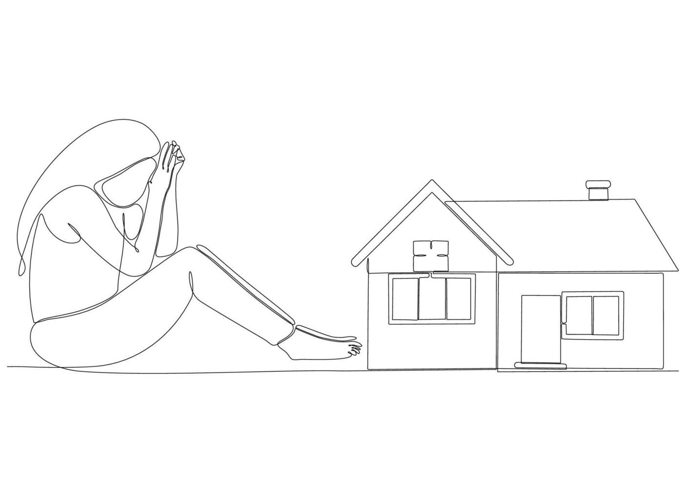 continuous line sad woman wants to buy a house vector illustration