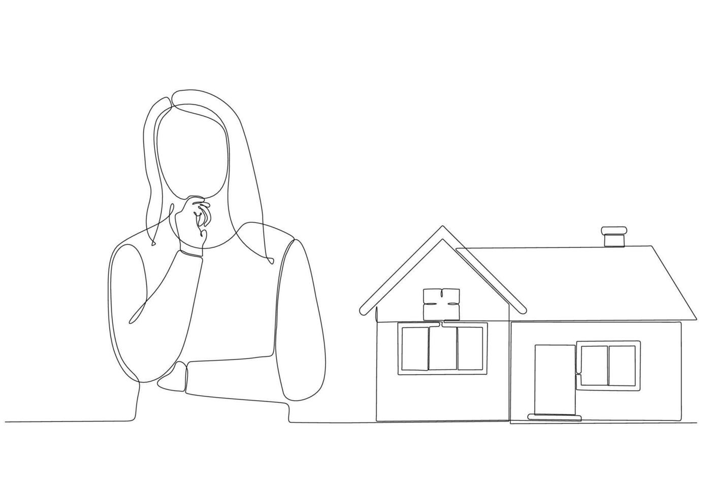 continuous line of woman thinking about buying a house vector illustration