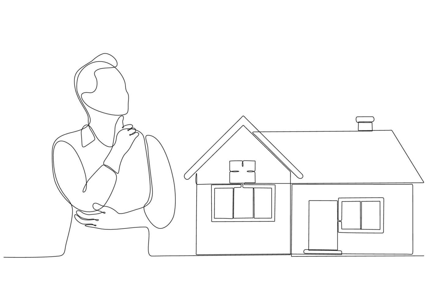 continuous line of men thinking about buying a house vector illustration