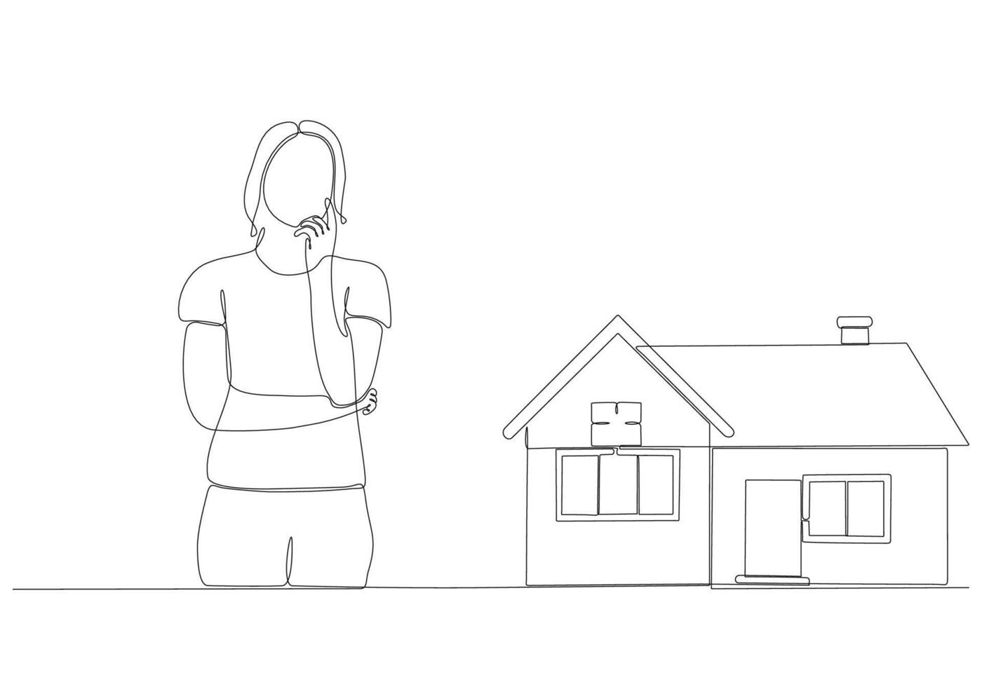 continuous line of woman thinking about buying a house vector illustration