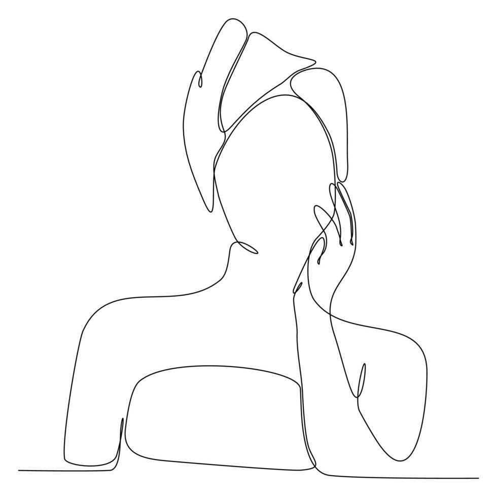 continuous line drawing of woman wearing towel on head after shower vector illustration