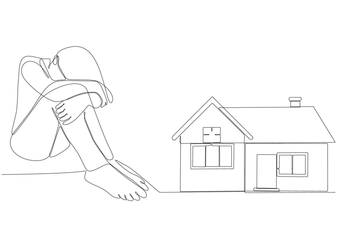 continuous line sad woman wants to buy a house vector illustration