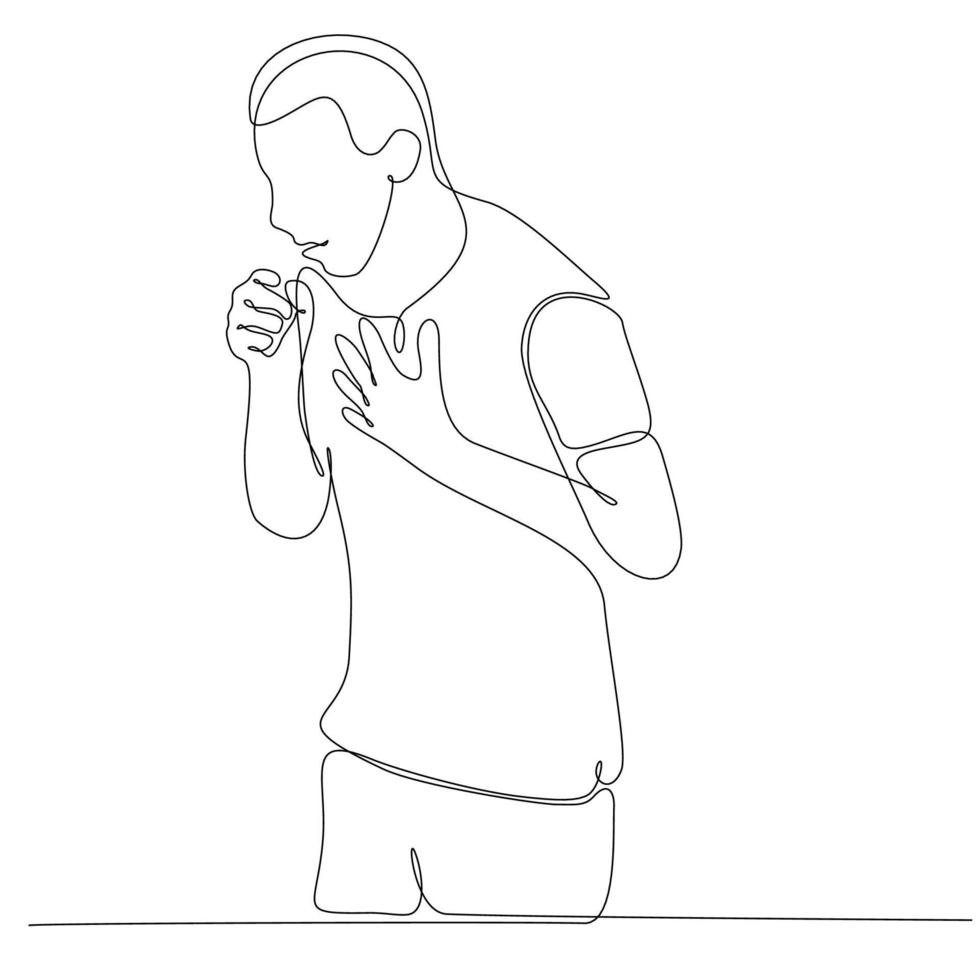 continuous line drawing man coughing because he is infected with covid 19 virus vector illustration