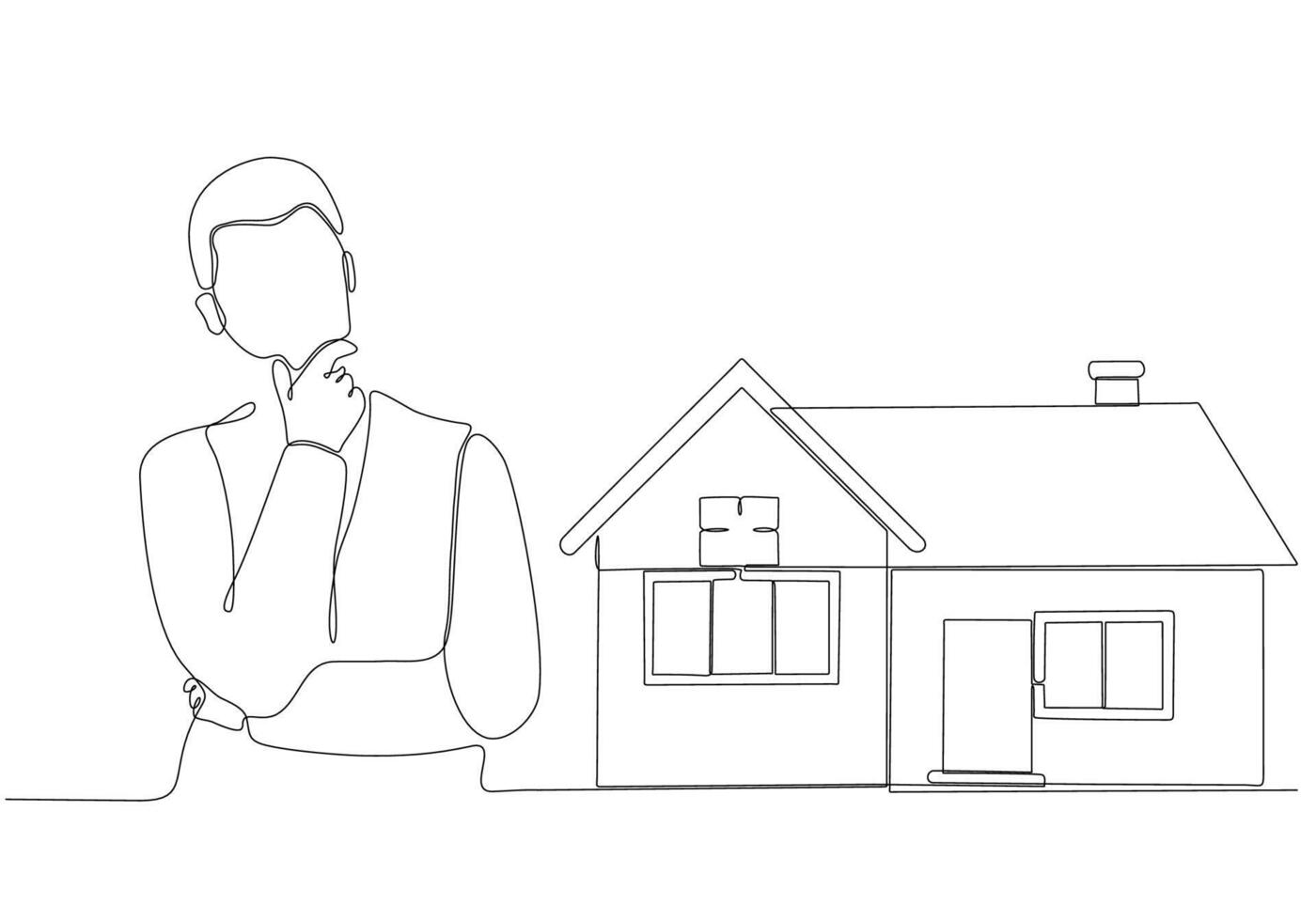 continuous line of men thinking about buying a house vector illustration