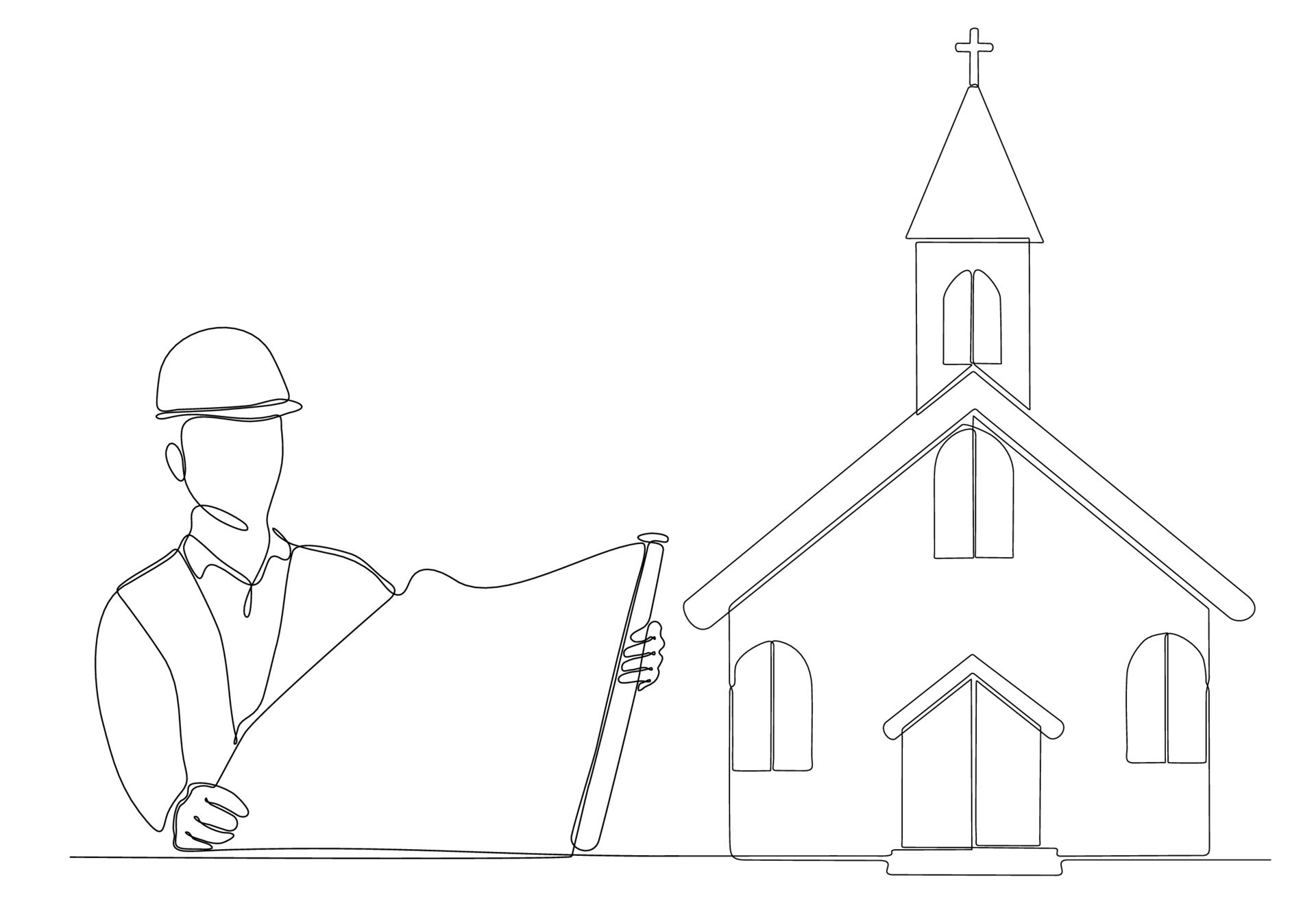 Continuous Line Male Architect Building Church Vector Illustration continuous-line-male-architect-building-church-vector-illustration
