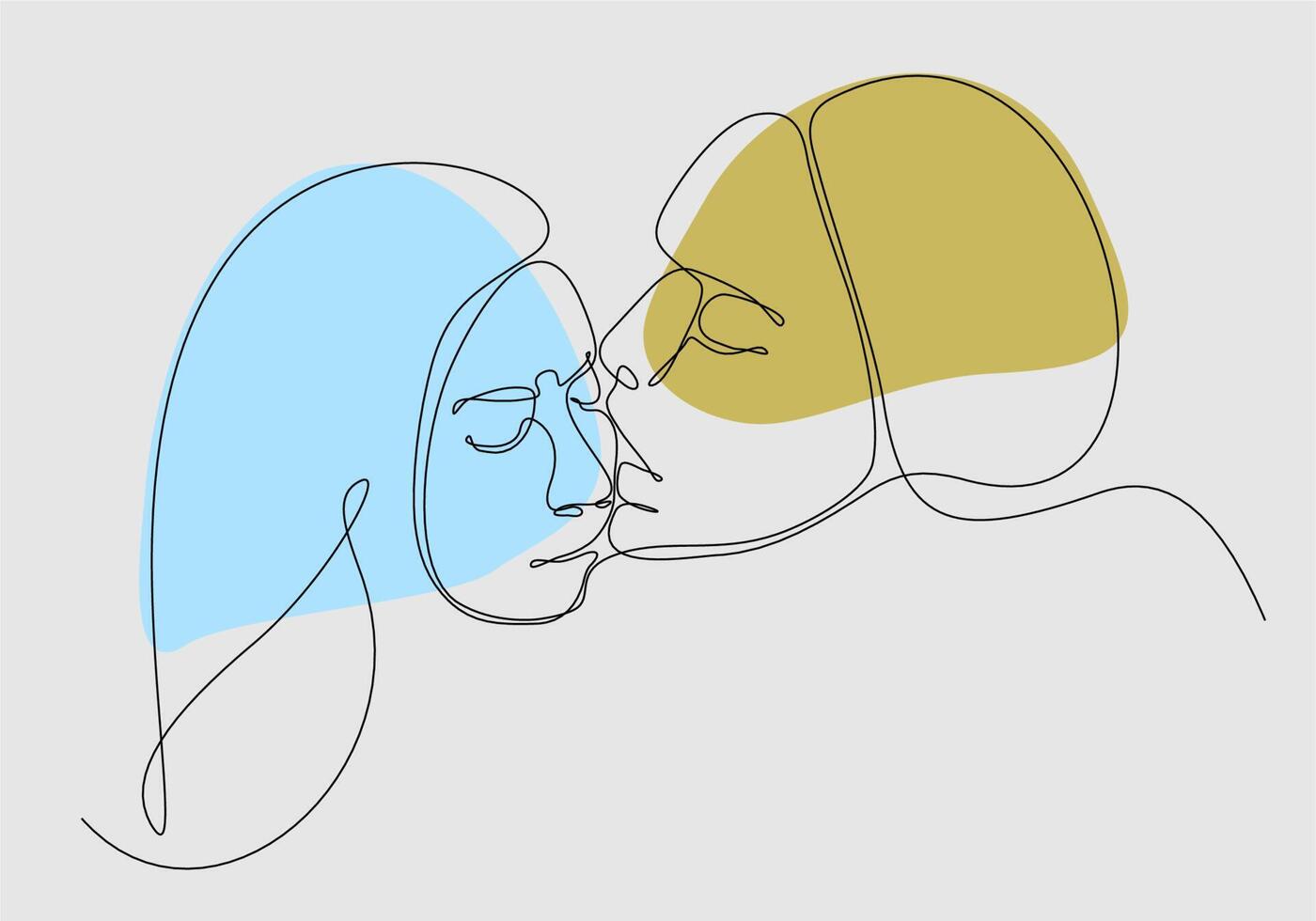 Minimalistic face line illustration of couple kissing. Abstract vector man and woman. Black and white on white background. One line drawing