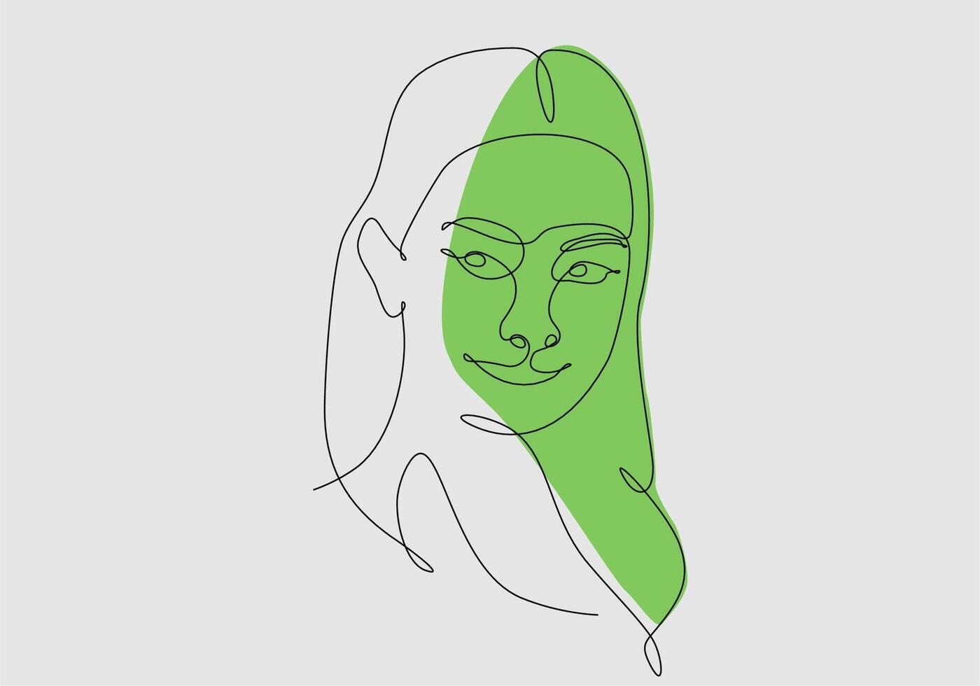 Continuous one line drawing of a woman's face. Horizontal Elegant minimalistic portrait of female with abstract pastel shape for a logo, emblem or web banner. Vector illustration